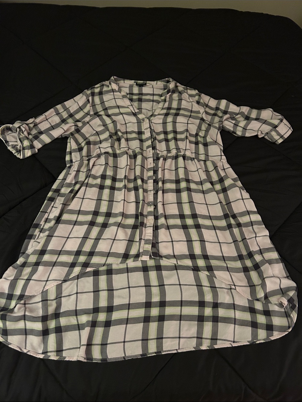 Torrid Light Plaid Button-Front Tunic Dress - Sage, Black & Cream